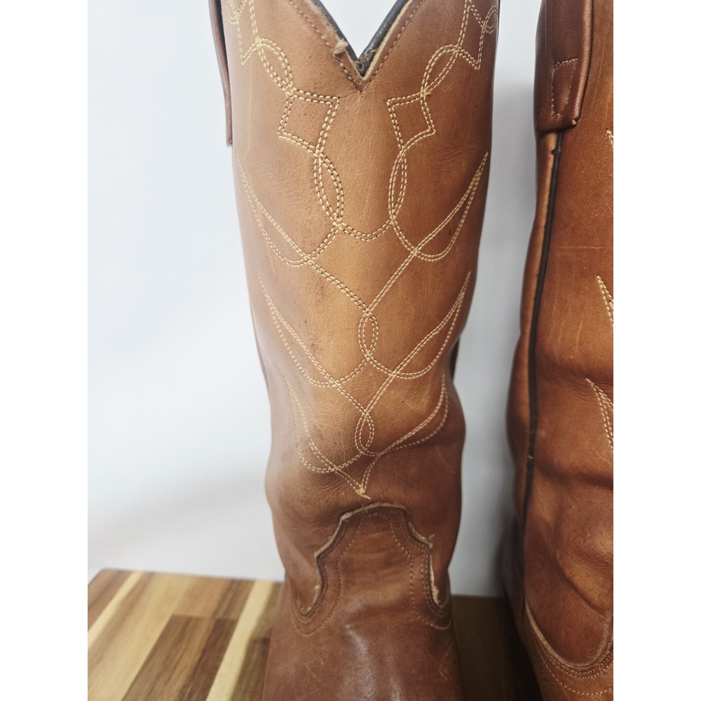ACME Vintage Cowboy Western Boots Cognac Brown Leather Ranch Men Size 7 Womens 9 - Picture 5 of 11